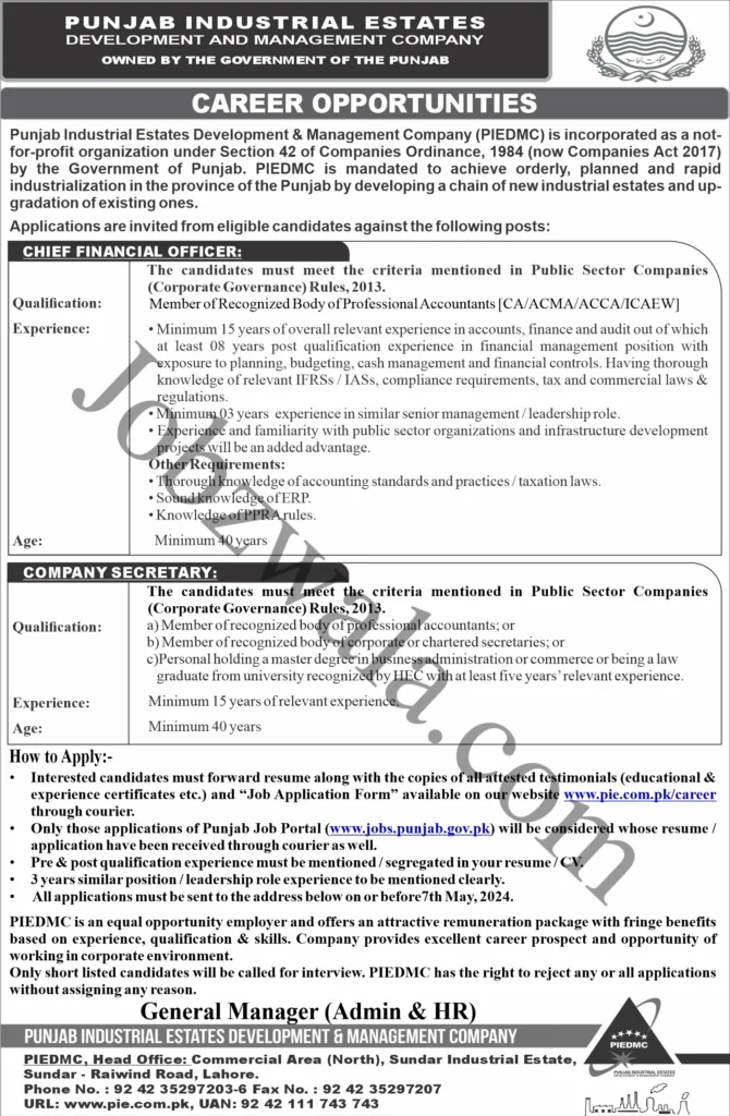 Punjab Industrial Estate Development and Management Company Jobs Advertisement