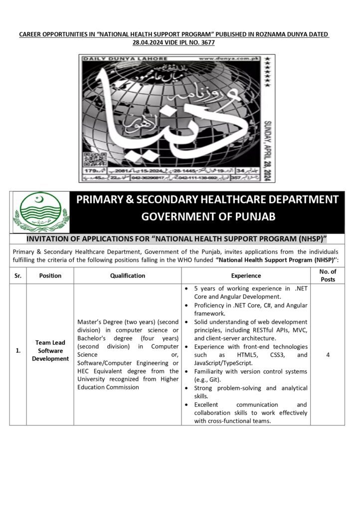 Primary and Secondary Healthcare Department Jobs 2024